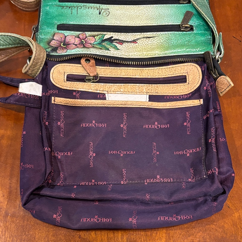 Anuschka Green Adjustable Crossbody Bag with Peacock and Floral‎ Art - Picture 9 of 16